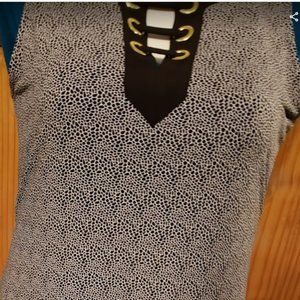 Michael Kors Black White Stretch Knit Grommet Criss Cross Neckline SZ L